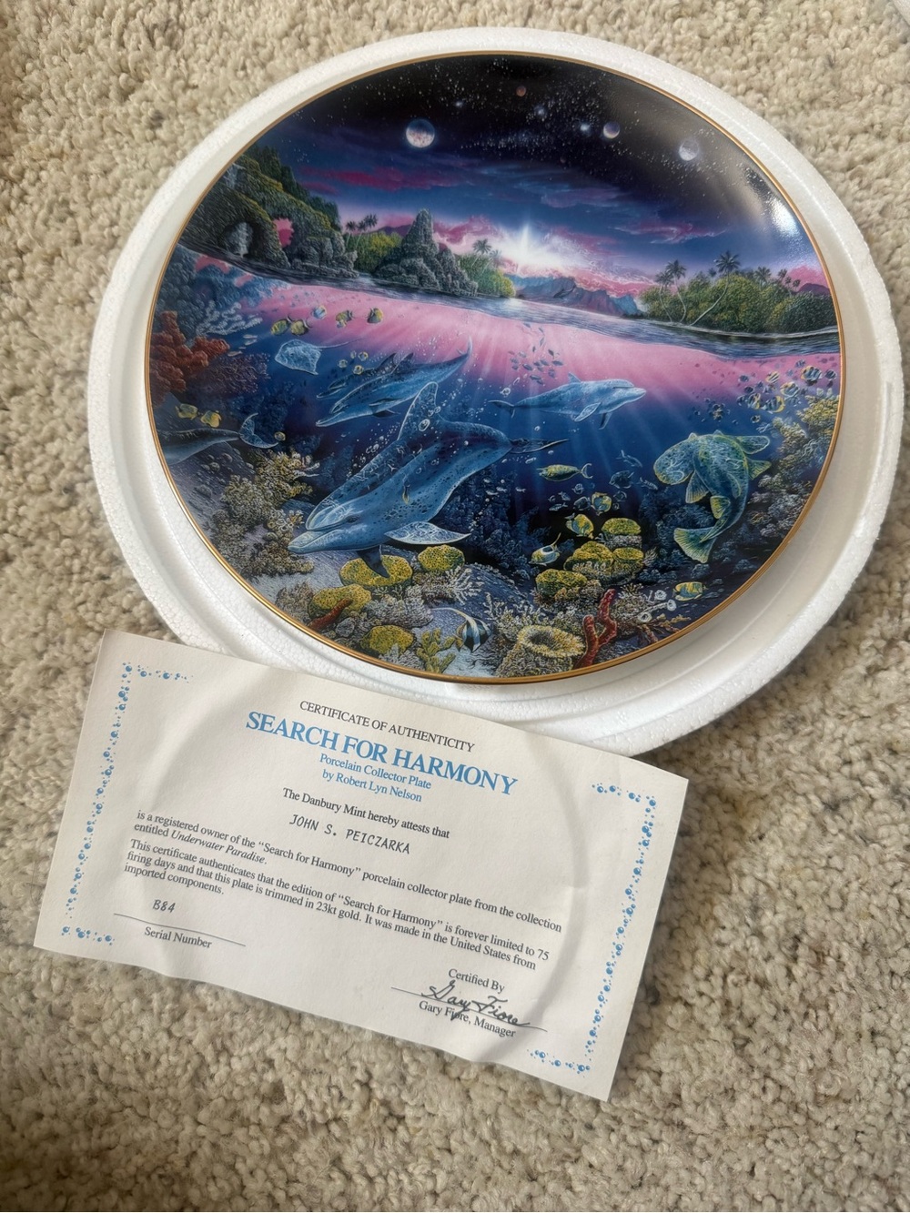 Search For Harmony Decorative Collector Plate - Ocean Dolphin Scene, Pink & Blue